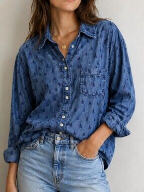 Foxcroft NYC Plus Size Sailboat Print Tencel Chambray Button Down Shirt Size 3X